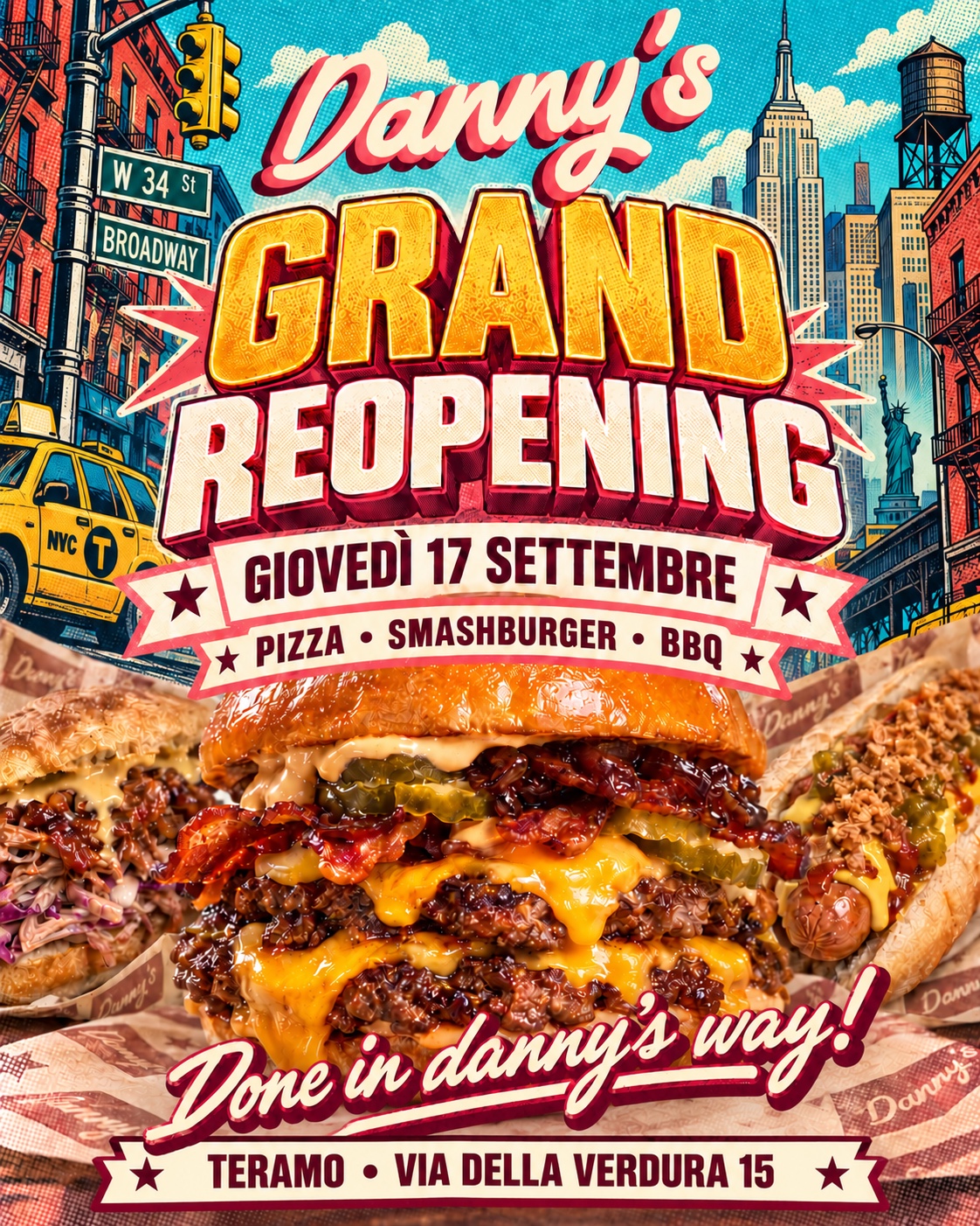 Danny’s Grand Reopening, giovedì 17 settembre, pizza, smashburger e BBQ, Teramo Via della Verdura 15